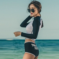 Hàn Quốc mới thư kem chống nắng dài tay cao cổ cao eo đồ bơi nữ bảo thủ chia phẳng góc nóng mùa xuân giảm béo áo tắm bikini 2 mảnh màu đen	