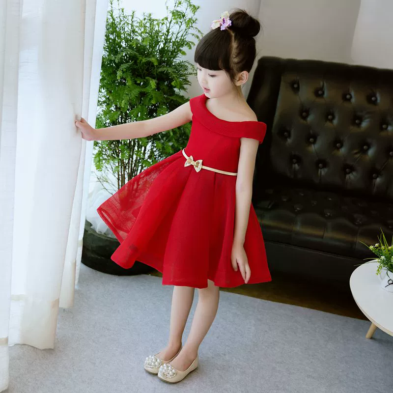 Cô gái váy công chúa váy mùa thu mùa đông trẻ em váy đỏ hoa cô gái váy cưới biểu diễn piano váy tutu - Váy trẻ em