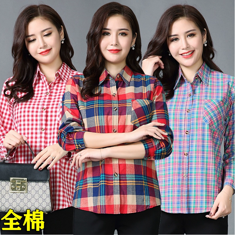 Phụ nữ trung niên và cao tuổi áo sơ mi kẻ sọc dài tay cotton plus size mẹ béo mặc mùa xuân và mùa thu áo sơ mi mỏng manh - Áo sơ mi