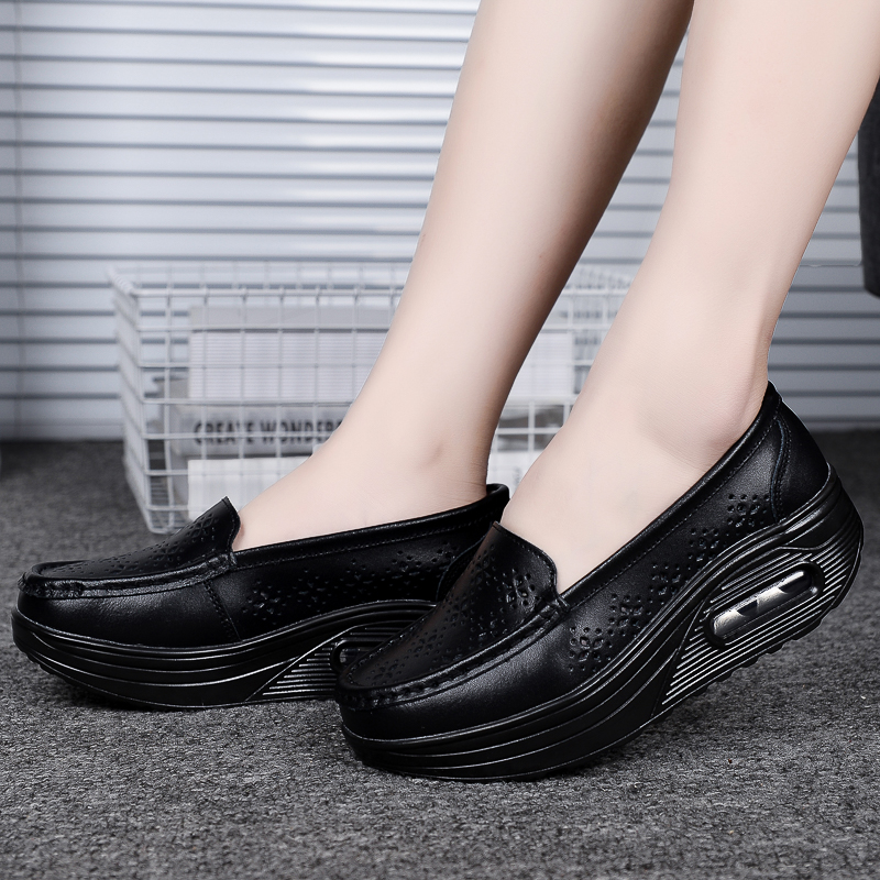9001 / Hollow Out Black2021 spring and autumn Women's Shoes Thick bottom Muffin Slope heel Women's shoes comfortable non-slip Mom shoes white Nurse shoes Rocking shoes
