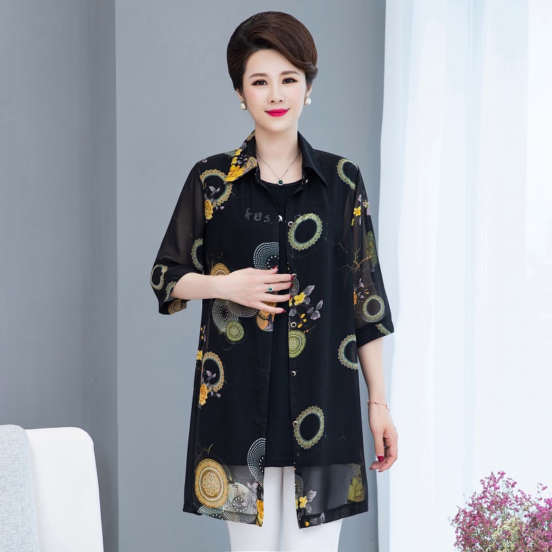 No.12 CoatMiddle aged and elderly Mother dress Shawl loose coat summer Medium and long term Sunscreen middle age woman Cardigan Thin Chiffon shirt Outside