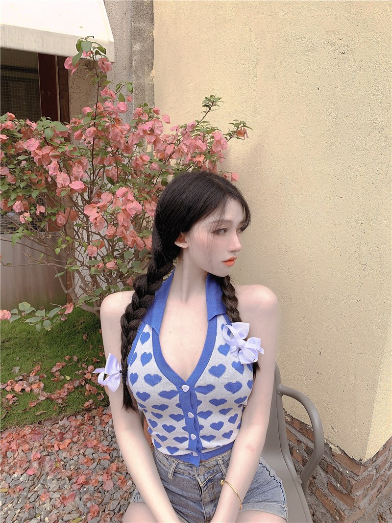 Bluehottie jacket 2021 summer new pattern Red love printing Versatile have cash less than that is registered in the accounts halter  camisole backless knitting vest female