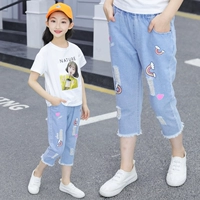 Cô gái quần jeans mùa hè quần ống lỗ quần jean trong cô gái lớn cắt quần trắng quần jeans trẻ em - Quần jean quần jean bé trai
