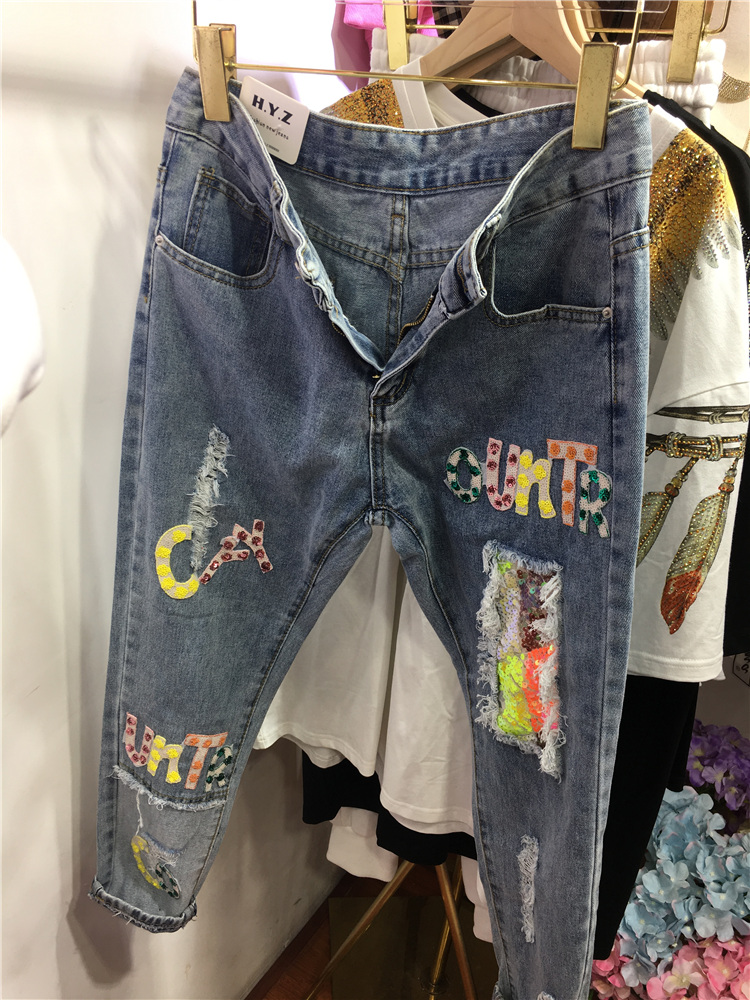 Navy Blue2021 Spring and summer new pattern Jeans Show thin female trousers navy blue Wear out Jeans Self cultivation hole tide trousers