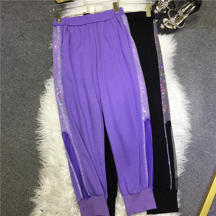 VioletEuropean goods heavy industry Hot drilling sweatpants  2021 new pattern female easy Leggings easy Thin summer Big size Ninth pants