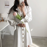Hàn quốc tính khí sang trọng V-Cổ retro đơn ngực còng bow tie đa năng tinh khiết trắng dress nữ váy nhún eo