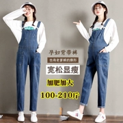 Phụ nữ mang thai siêu cỡ denim dây đeo quần xuân hè và mùa đông cộng với phân bón để tăng 200 pounds chất béo m thẳng mảnh jumpsuit quần thủy triều - Phụ nữ mang thai quần / quần bụng