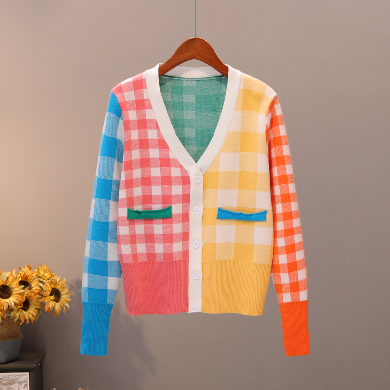 ColourColor matching rainbow lattice Cardigan female spring and autumn new pattern Foreign style colour Sweater jacket Outside V-neck sweater loose coat