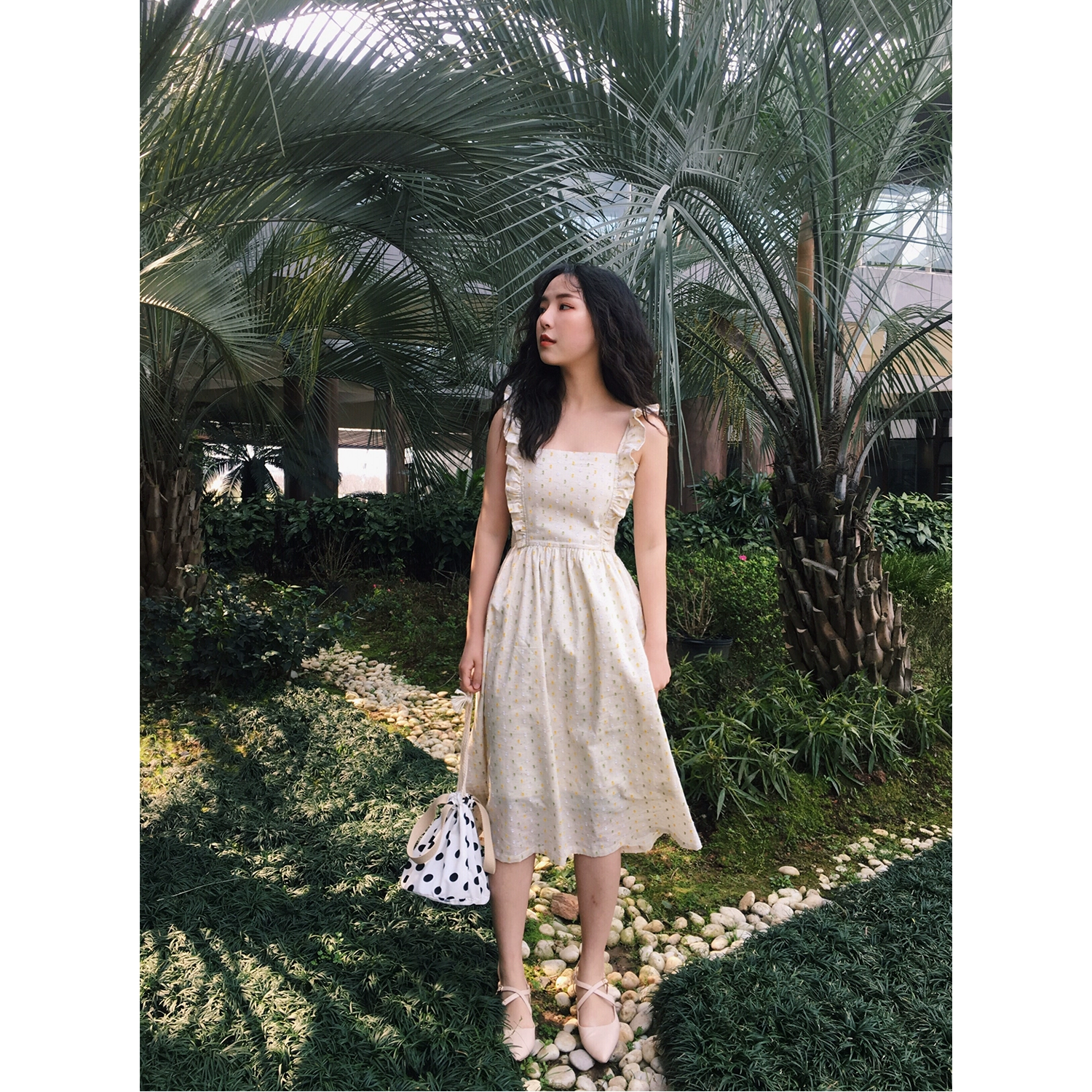 Yuanye Qujia thiết kế ban đầu cổ điển Pháp nấm sling dress 2019 mùa xuân và mùa hè váy cô gái eo cao - Váy eo cao