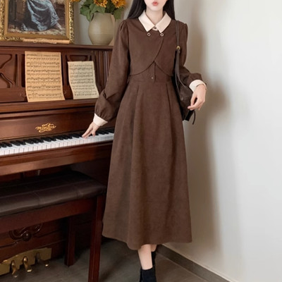 taobao agent Demi-season retro set, long skirt, fitted design brace, corduroy dress, French retro style, light luxury style, maxi length, plus size, trend of season
