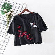 Q4 mùa hè 2018 mới thời trang triều fan thêu thêu lỏng eo cao là mỏng lượn sóng side nhỏ áo T-Shirt nữ 2849