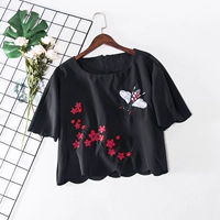 Q4 mùa hè 2018 mới thời trang triều fan thêu thêu lỏng eo cao là mỏng lượn sóng side nhỏ áo T-Shirt nữ 2849 áo phông ngắn tay