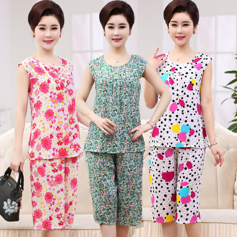 Phụ nữ trung niên của mùa hè bông lụa phù hợp với quần áo nhà mẹ cài đặt không tay đồ ngủ cotton mùa hè lỏng hai mảnh