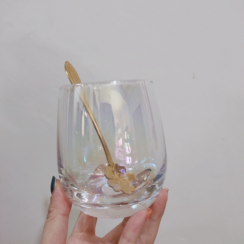 Rainbow Egg Cup 350Ml + Cherry Blossom SpoonINS Internet celebrity Fairy dream Rainbow cup Girlish heart flower receptacle big belly Water cup Drink cup Desserts Mousse cup