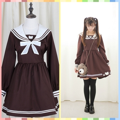 taobao agent Cute navy clothing, Japanese dress with sleeves, cosplay, with little bears, with embroidery, long sleeve