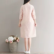 Phong cách retro Trung Quốc khóa cotton và vải lanh văn học phụ nữ mùa xuân phong cách dân gian tay áo bảy điểm cải tiến sườn xám Dịch vụ trà Zen - váy đầm