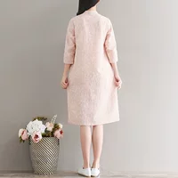 Phong cách retro Trung Quốc khóa cotton và vải lanh văn học phụ nữ mùa xuân phong cách dân gian tay áo bảy điểm cải tiến sườn xám Dịch vụ trà Zen - váy đầm váy hoa cúc