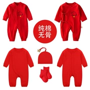 Full Moon Baby Quần áo Nam bé Mùa xuân và mùa thu Jumpsuit sơ sinh Màu đỏ Trăm ngày Công chúa Bông mùa hè Leo núi - Áo liền quần