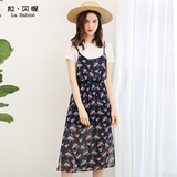 【拉夏贝尔】韩版假两件碎花雪纺连衣裙券后【59.9元】包邮【赠运费险】