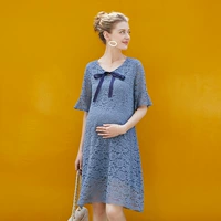Кружевная летняя одежда для беременных, летнее платье, юбка, длинный жакет с бантиком, мегафон, короткий рукав, с рукавом, V-образный вырез
