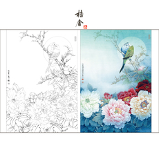 Картина 工笔画白描底稿实物打印稿李晓明牡丹鹦鹉图55*80有步骤说明16kg
