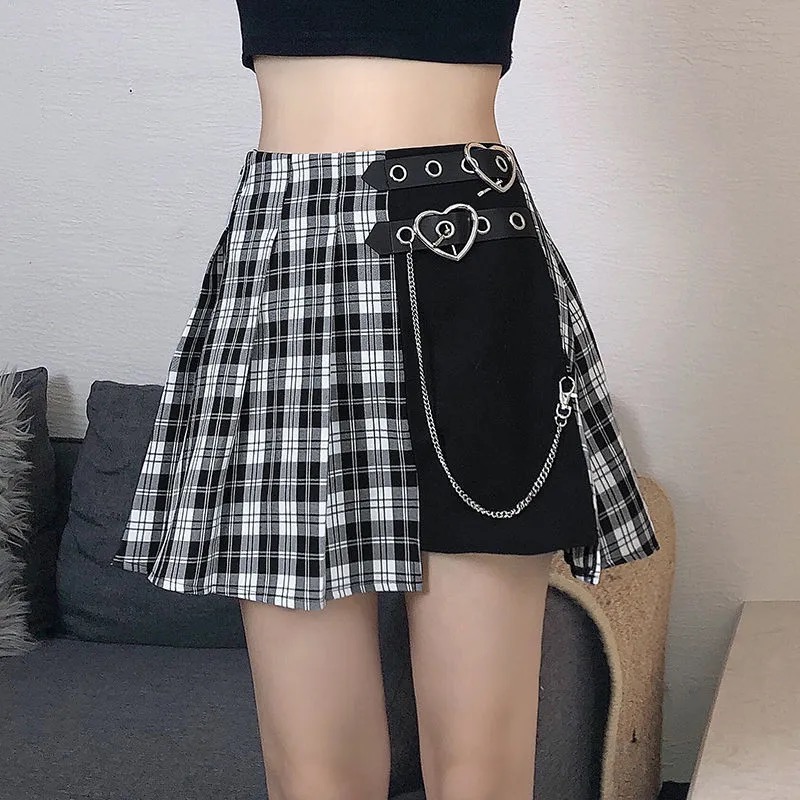 Love Black And White Plaid Skirtsolar system Soft girl lovely Harajuku Sweet cool handsome Academic atmosphere jk lattice Close your waist Show thin camisole lace skirt