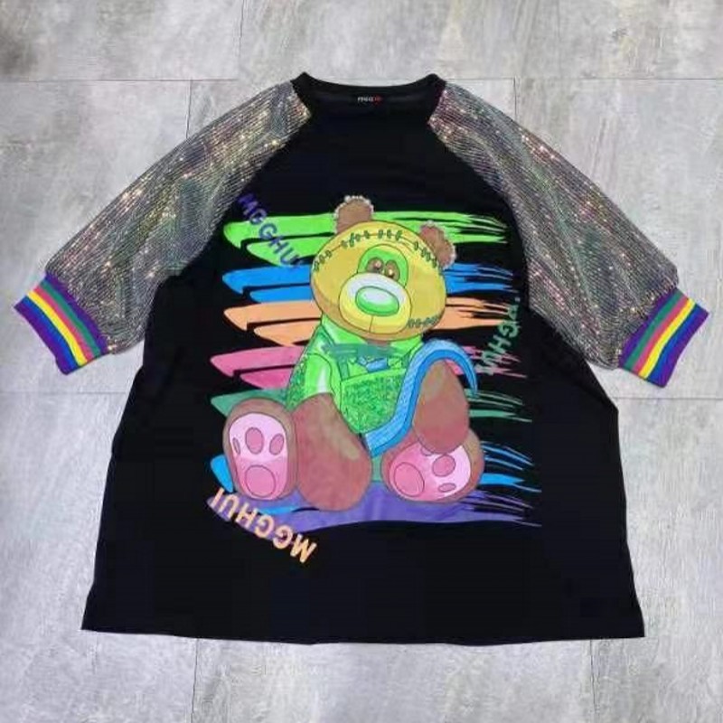 BlackEuropean goods heavy industry 2021 summer new pattern Crew neck letter Bear Short sleeve T-shirt female easy jacket ins tide A25 9