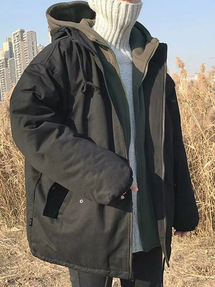 Áo khoác cotton công cụ phong cách Hồng Kông 2019 mới mùa đông áo khoác giả hai mảnh phiên bản Hàn Quốc của xu hướng áo khoác cotton dày cotton rộng - Bông