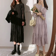 Mùa thu Hàn Quốc kic màu rắn xếp li dài tay đáy váy lỏng lẻo váy dài thướt tha đầm voan nữ