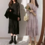 Mùa thu Hàn Quốc kic màu rắn xếp li dài tay đáy váy lỏng lẻo váy dài thướt tha đầm voan nữ đầm maxi voan