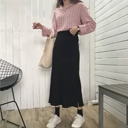 Mùa xuân Hàn Quốc phụ nữ cao eo mỏng váy mỏng mỏng giữa- chiều dài váy túi hip váy giản dị màu rắn một từ váy