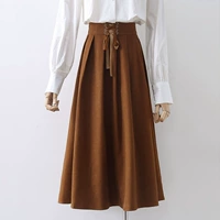 Ретро кофейная осенняя длинная приталенная юбка с бантиком, французский ретро стиль, средней длины