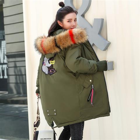 Army Green + Floral Orange CollarOut of season Cotton female Medium and long term 2021 new pattern cotton-padded clothes  student Korean version easy thickening Big size cotton-padded jacket loose coat