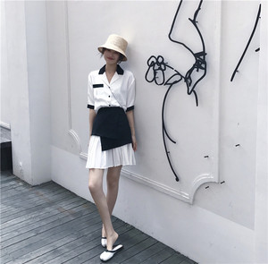 Retro Hàn Quốc Phụ Nữ Mới Tương Phản Joker Ve Áo Sơ Mi Nữ + Ngành Công Nghiệp Nặng Không Thường Xuyên Xếp Li Váy Set