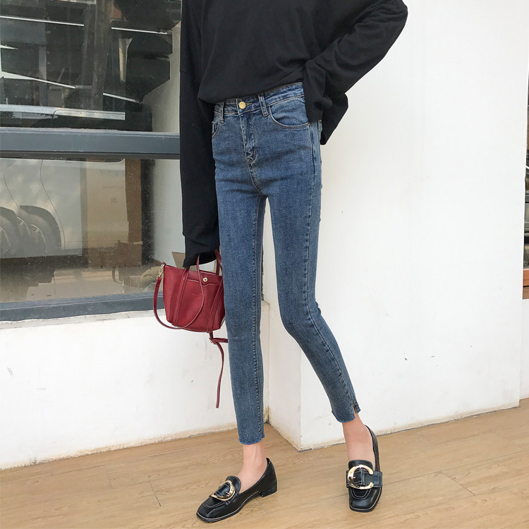 2018 mới của Hàn Quốc phiên bản của retro tua hoang dã jeans nữ cao eo là mỏng chân chặt chẽ quần bút chì quần triều