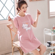 Bộ đồ ngủ cotton nữ mùa hè ngắn tay dễ thương váy mỏng Học sinh Hàn Quốc size lớn váy ngủ dài mùa hè - Đêm đầm