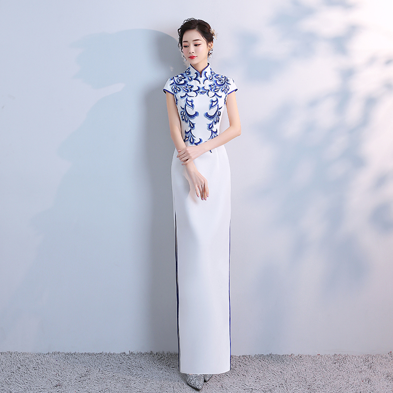 Blue and white long fitted cheongsam, 2021 collection