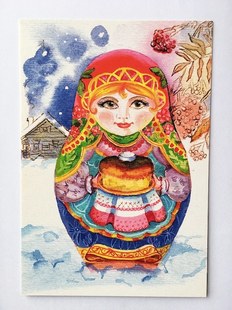 オリジナルのロシアの民族衣装、伝統工芸品、マトリョーシカ、雪景色の絵画、外国のポストカード