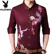 Áo sơ mi dài tay 2019 Playboy Áo sơ mi nam mùa thu In mới Áo sơ mi công sở Màu xanh lá cây Trung niên Chim và Chim cá tính - Áo