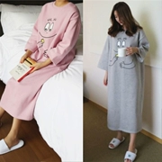 Áo ngủ dài tay mùa thu cotton nữ phiên bản Hàn Quốc của XL siêu dài cotton rộng qua đầu gối có thể mặc đồ ngủ dài