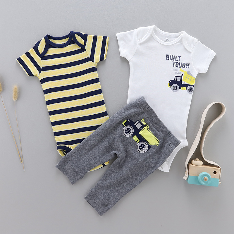 Yellow Stripe Truckcarters spring and autumn baby one-piece garment suit  male girl Short sleeve 3-piece set Carter Children's wear Clearance