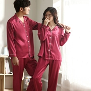 Bộ đồ đôi mùa xuân và mùa thu Phụ nữ mùa hè Băng lụa dài tay Thời trang Áo len lớn Màu đỏ nam hai mảnh Dịch vụ tại nhà Hàn Quốc