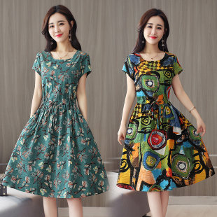 Middle-aged cotton and linen women's dresses 2020 new women's summer 30-35-45 years old floral skirt for small people