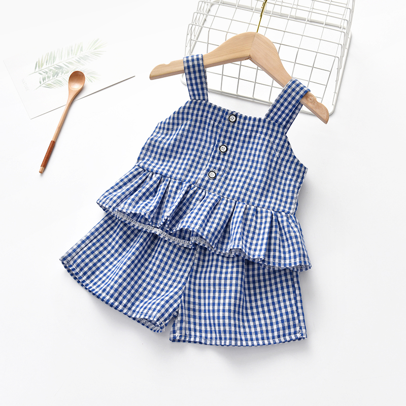 BlueChildren's wear 2021 summer new pattern children lattice suit girl baby Foreign style wing Halter tops shorts Two piece set