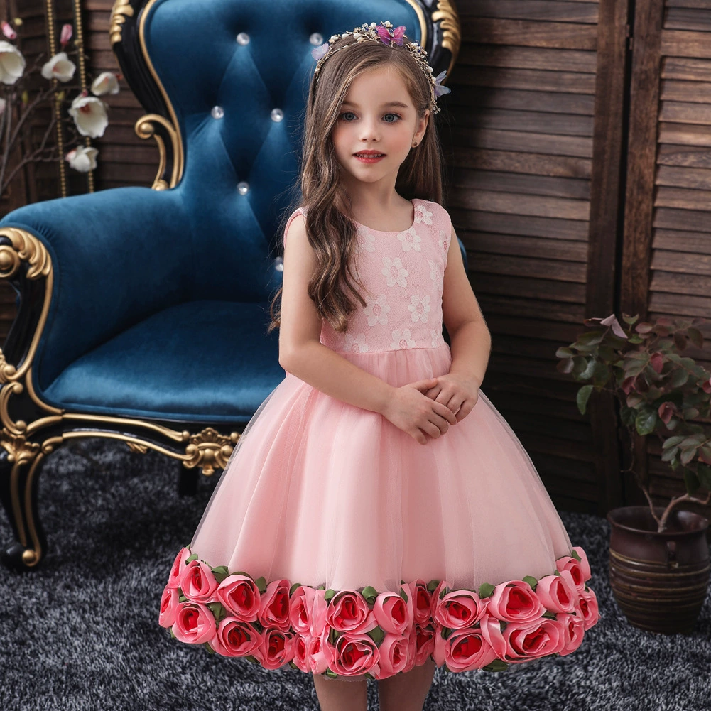 Châu Âu và Mỹ mùa thu và mùa đông mới của trẻ em váy váy không tay bông hoa hồng bông gạc váy cô gái catwalk show công chúa váy trẻ em - Váy trẻ em