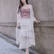 Hàn quốc phiên bản của chic retro floral ống top + cao eo là mỏng bánh váy + ren cardigan mặt trời áo bảo vệ phù hợp với phụ nữ mùa hè đồ bộ mặc nhà