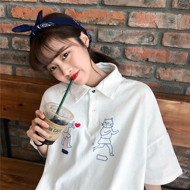 Ins siêu lửa ngắn tay t-shirt nữ mùa hè mới Hàn Quốc phiên bản của ulzzang ve áo hoang dã lỏng BF gió quần áo sinh viên