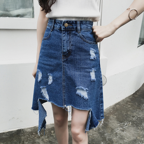 6239#【实拍】春夏新款韩版牛仔半身裙不规则乞丐裙子a字裙女bf风