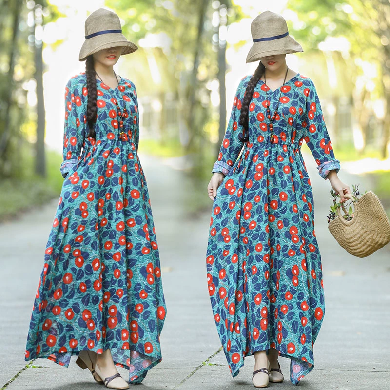 Dài tay cotton và lanh váy mùa thu của phụ nữ nghệ thuật in retro phong cách dân tộc lỏng lẻo cỡ lớn của phụ nữ cổ tròn váy dài - Váy dài