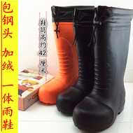 Giày nhung chống nước mùa đông mới dành cho nam, chống trượt, mũi thép, chống va đập, ủng đi mưa bằng vải cotton, nhẹ, bốt đi tuyết cổ cao một mảnh, dày mua ủng bảo hộ